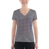 Ladies' Deep V-neck Tee - tight fit - kissing tile design - red and blue colors