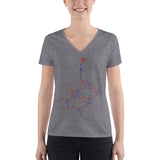 Ladies' Deep V-neck Tee - tight fit - kissing roots design - red and blue colors