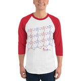 3/4 sleeve raglan shirt - kissing tile design - red and blue colors - unisex