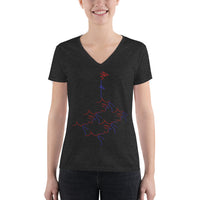 Ladies' Deep V-neck Tee - tight fit - kissing roots design - red and blue colors